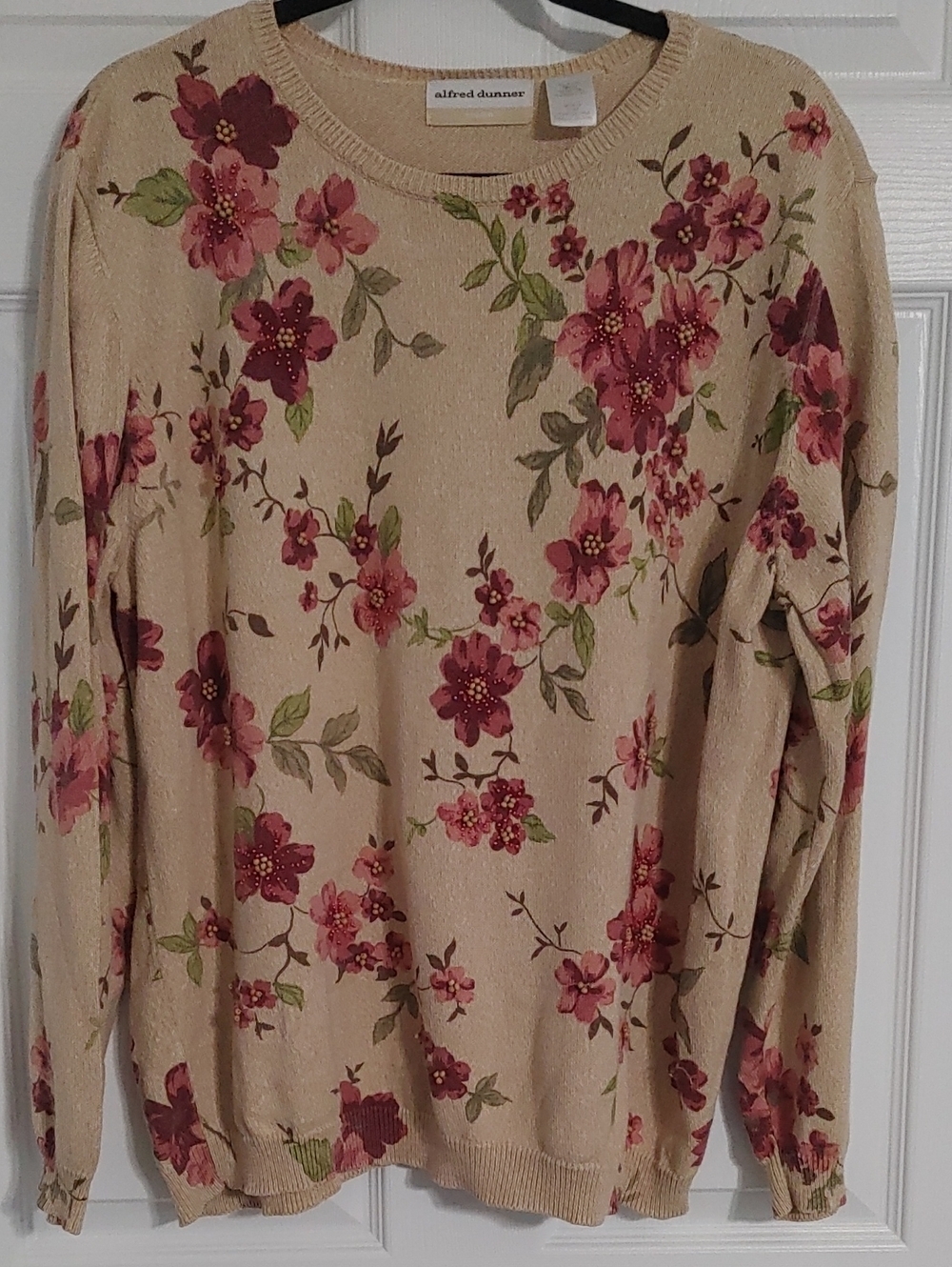 Alfred Dunner Beige Crewneck Sweater with Pink and Burgundy Floral Print